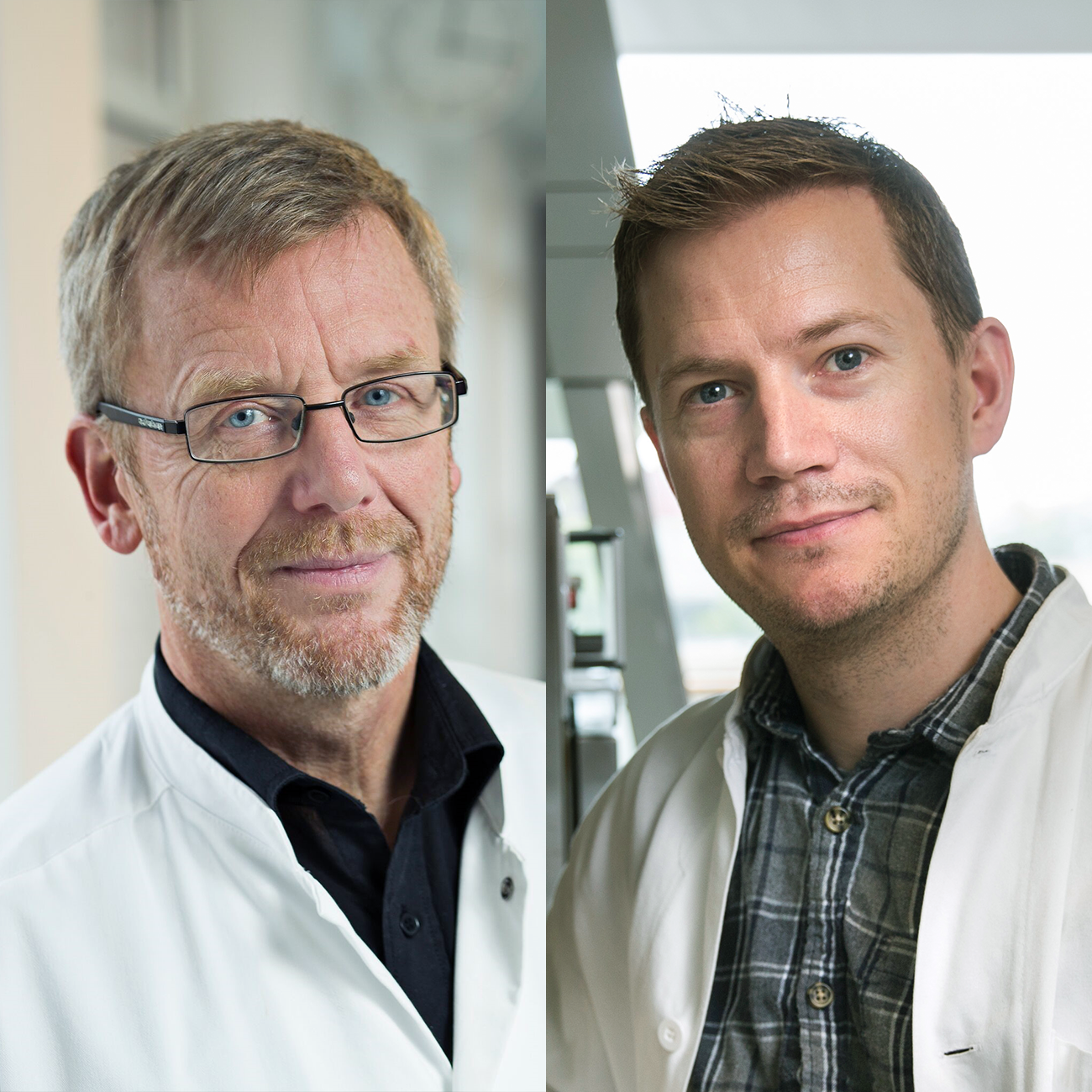 Bjarne K. Møller (t.v.) og Rasmus O. Bak, begge lektorer, fra hhv. Institut for Klinisk Medicin og Institut for Biomedicin får bevilling fra Sundheds- og Ældreministeriets immunterapi-pulje. Foto: Niels Åge Skovbo og Lars Kruse/AU.